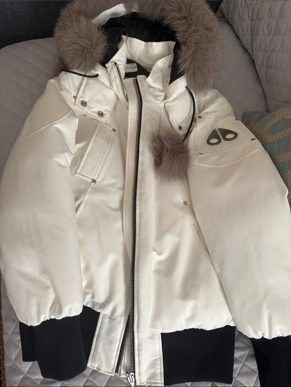Moose Knuckles Ivory Hooded Bomber with Taupe Fur Trim